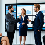 A diverse group of adult marketing professionals, fully clothed in professional business attire, engaged in a collaborative discussion around a large, interactive digital display in a modern, well-lit office. The screen shows a complex network of consumer behavior data and emotional journey mapping. The scene emphasizes deep consumer understanding, strategic thinking, and authentic brand connection. Perfect anatomy, correct proportions, natural poses, well-formed hands, proper finger count, natural body proportions. Safe for work, appropriate content, modest clothing, professional dress, family-friendly.