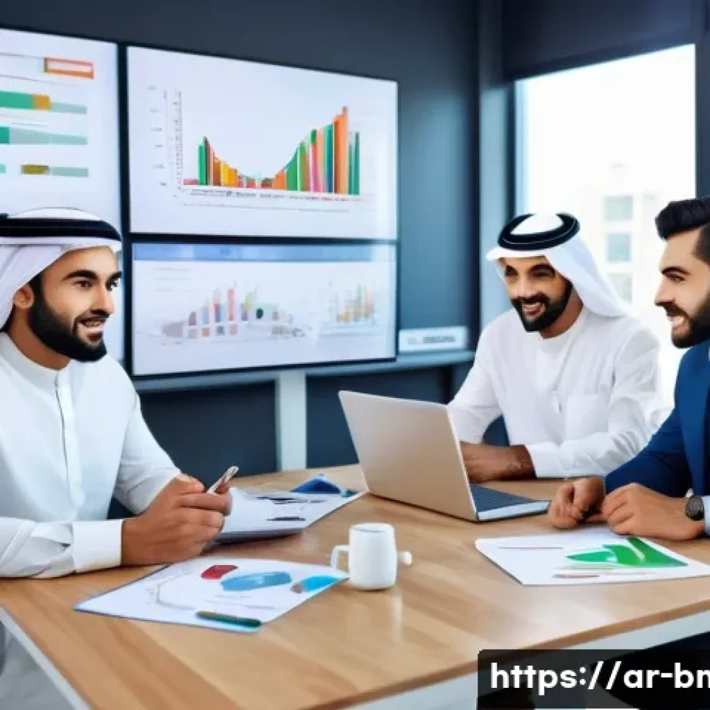 브랜드 마케팅 데이터 분석 기초 - A modern Arab marketing team in a bright office, focused on analyzing colorful digital data charts o...