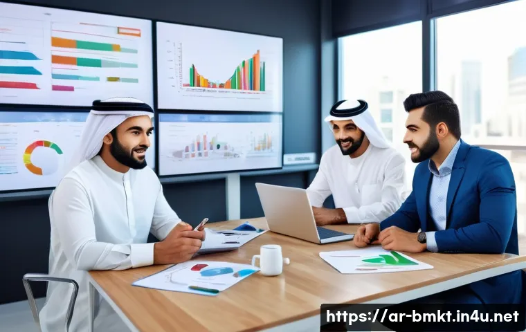 브랜드 마케팅 데이터 분석 기초 - A modern Arab marketing team in a bright office, focused on analyzing colorful digital data charts o...