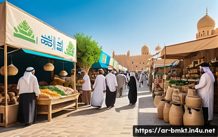 브랜드 마케팅과 지속 가능성 전략 - A vibrant marketplace scene in a Middle Eastern city, showcasing eco-friendly products with Arabic s...