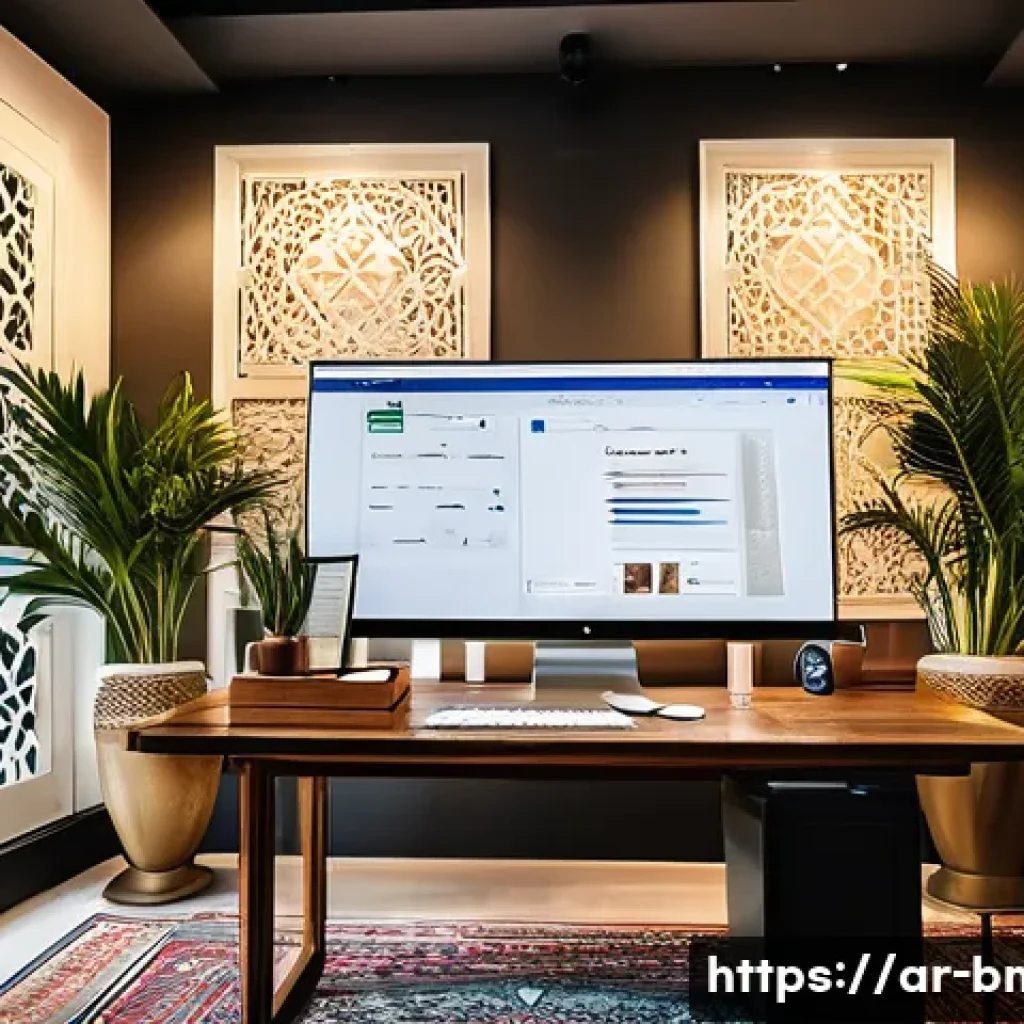 브랜드 마케팅 직무로 전환하기 위한 공부법 - A modern digital marketing workspace tailored for Arabic-speaking professionals, featuring a large s...
