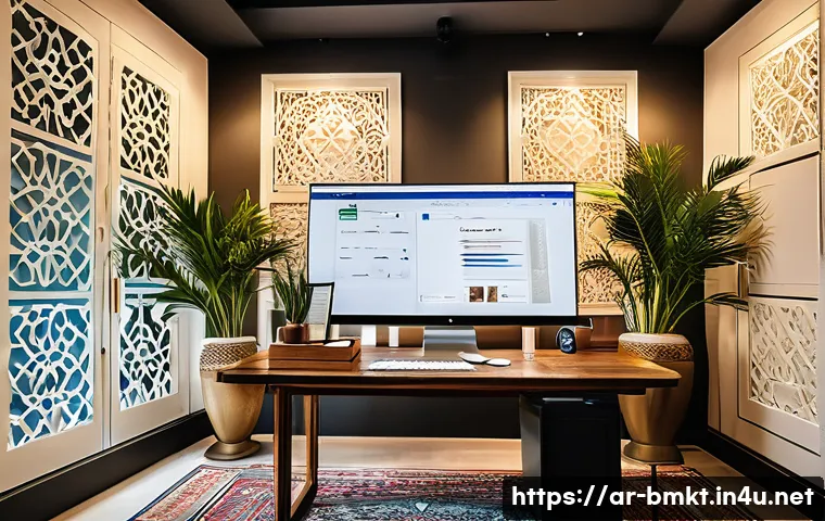 브랜드 마케팅 직무로 전환하기 위한 공부법 - A modern digital marketing workspace tailored for Arabic-speaking professionals, featuring a large s...