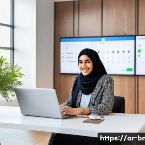 브랜드 마케팅 트렌드 분석 사례 - A vibrant digital marketing scene set in a modern Middle Eastern office, featuring an Arab female so...
