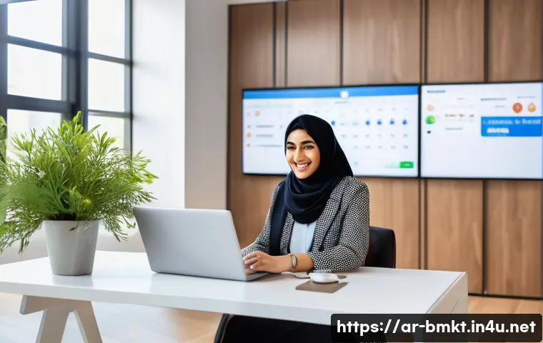 브랜드 마케팅 트렌드 분석 사례 - A vibrant digital marketing scene set in a modern Middle Eastern office, featuring an Arab female so...