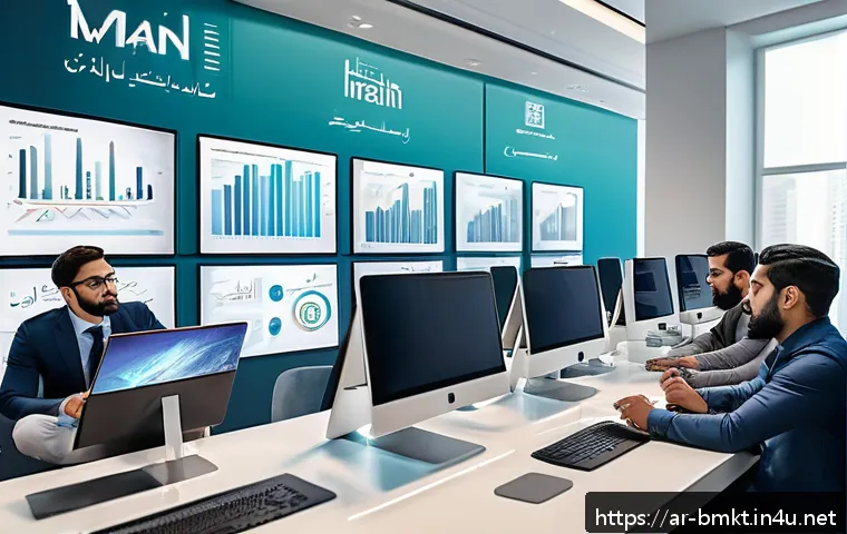 브랜드 마케팅 사례로 배우는 성공 원칙 - A modern digital marketing office scene in a Middle Eastern city, showing diverse professionals anal...