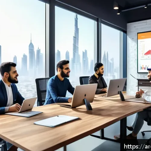 브랜드 마케터를 위한 실무 팁 - A modern Arabic digital marketing workspace scene with a diverse Middle Eastern professional team an...