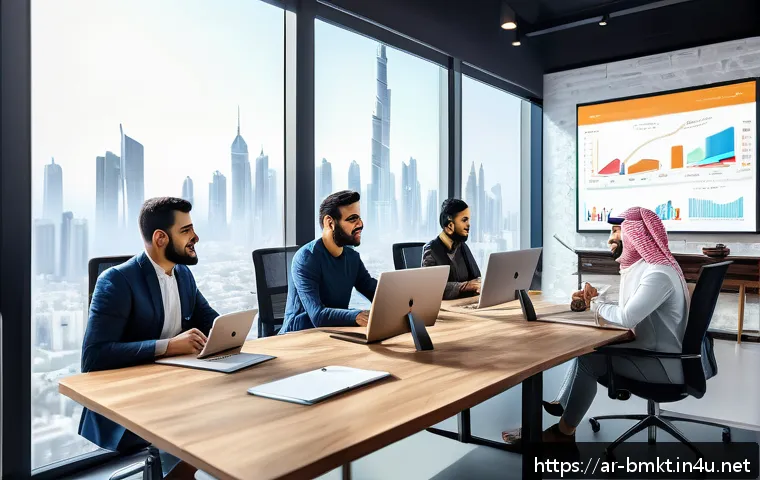 브랜드 마케터를 위한 실무 팁 - A modern Arabic digital marketing workspace scene with a diverse Middle Eastern professional team an...