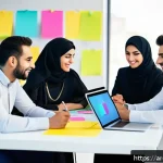 브랜드 마케터의 자기계발 루틴 - A professional Middle Eastern marketing team in a modern office setting, engaged in a lively brainst...