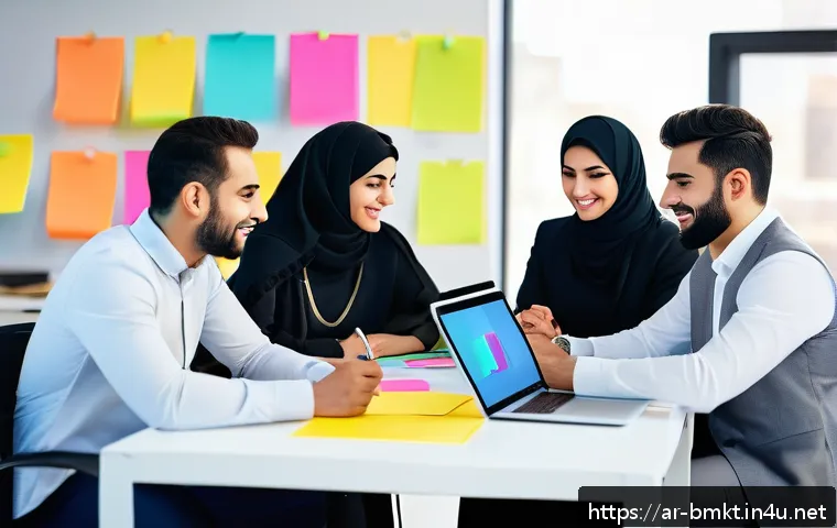 브랜드 마케터의 자기계발 루틴 - A professional Middle Eastern marketing team in a modern office setting, engaged in a lively brainst...