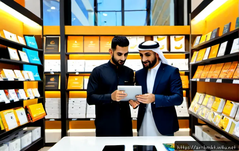 브랜드 마케팅과 리테일 전략 - Photorealistic retail strategy meeting in a modern Gulf city boutique, two Arab business professiona...